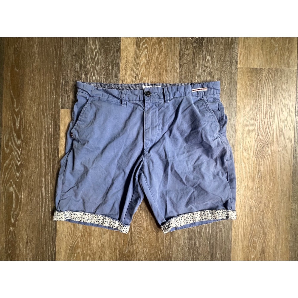 Denim & Flower Chino Shorts Mens 32 Blue Floral Cuff Trim Casual Summer